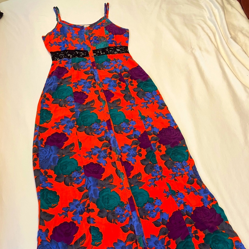 Volcom take me home dress. Neon maxi w Black Lace and Adjustable Straps, Medium